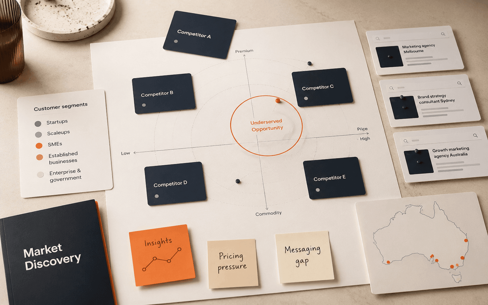 A market discovery board mapping customer segments, competitor positioning and the underserved opportunity