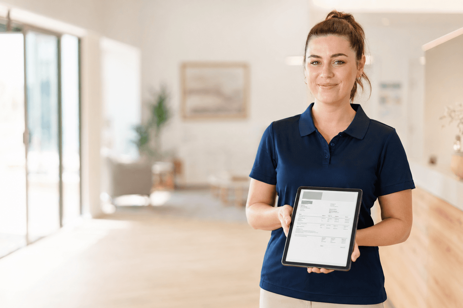 Australian NDIS support worker holding a tablet showing a digital invoice in a bright community centre